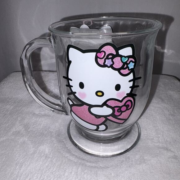 Hello Kitty Pink Glitter Heart On Clear Glass Coffee Tea Mug Cup 15oz New - Picture 3 of 6